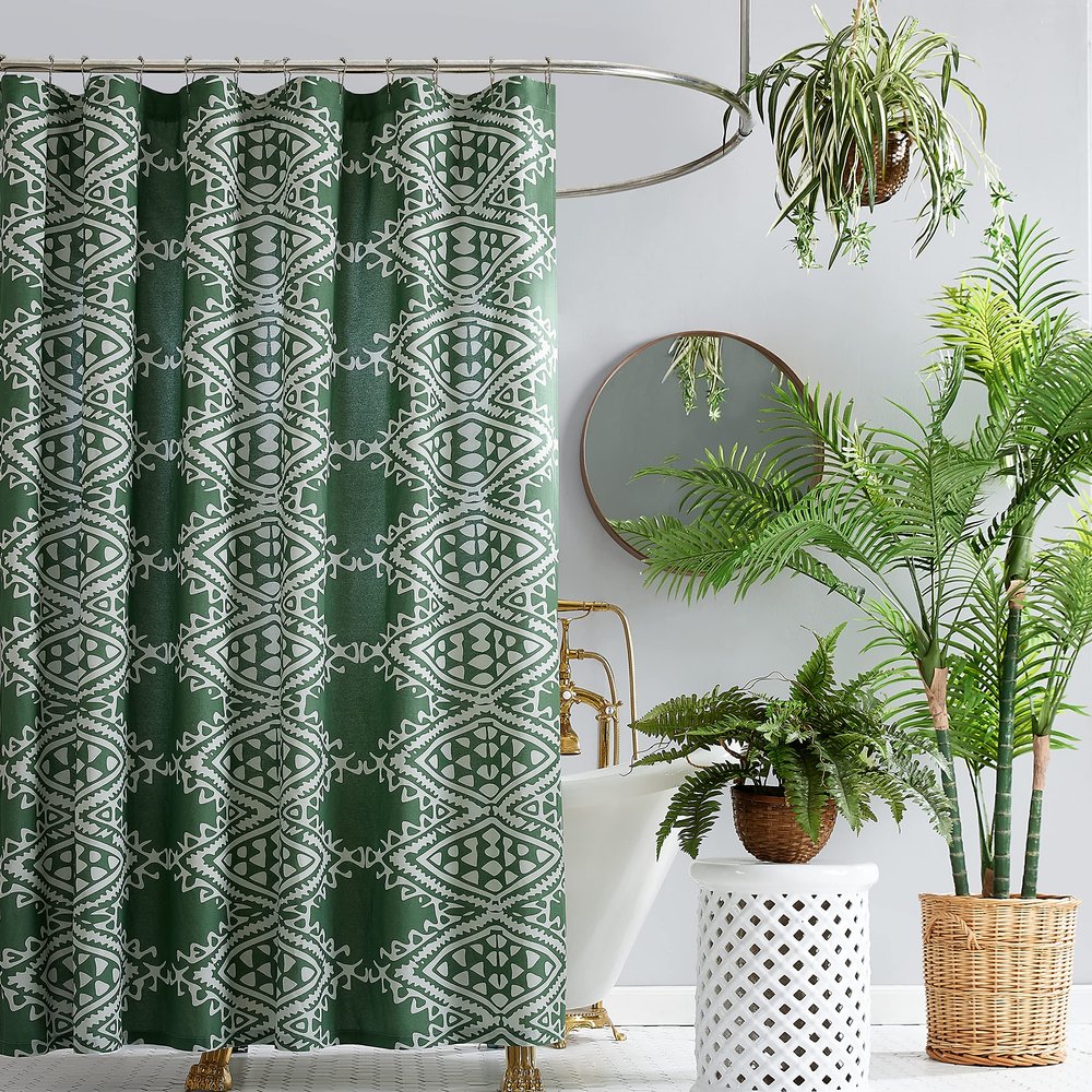 Aisha Cotton Fabric Shower Curtain by Jungalow, Machine Washable, 72" x 72", Green
