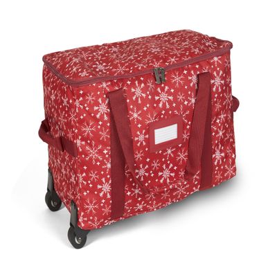 Covermates Keepsakes Rolling Treasurekeeper Storage Bag  Heavy-Duty Polyester with Dual Wheels & Handles  Protects Holiday Decorations with ID Window & Dual Zipper Access, Red Snowflake