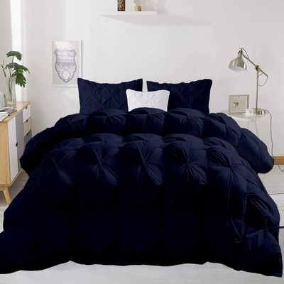 Wega Linen 5pcs Organic Cotton Pinch Pleated Queen (88'' x 92'') Comforter with 4 Pillow 4 Corner Tabs Ultra Soft-Fluffy,Pin Tuck,Baffle Box Beautiful Pinch Pleat Design Warm Comforter Navy Blue