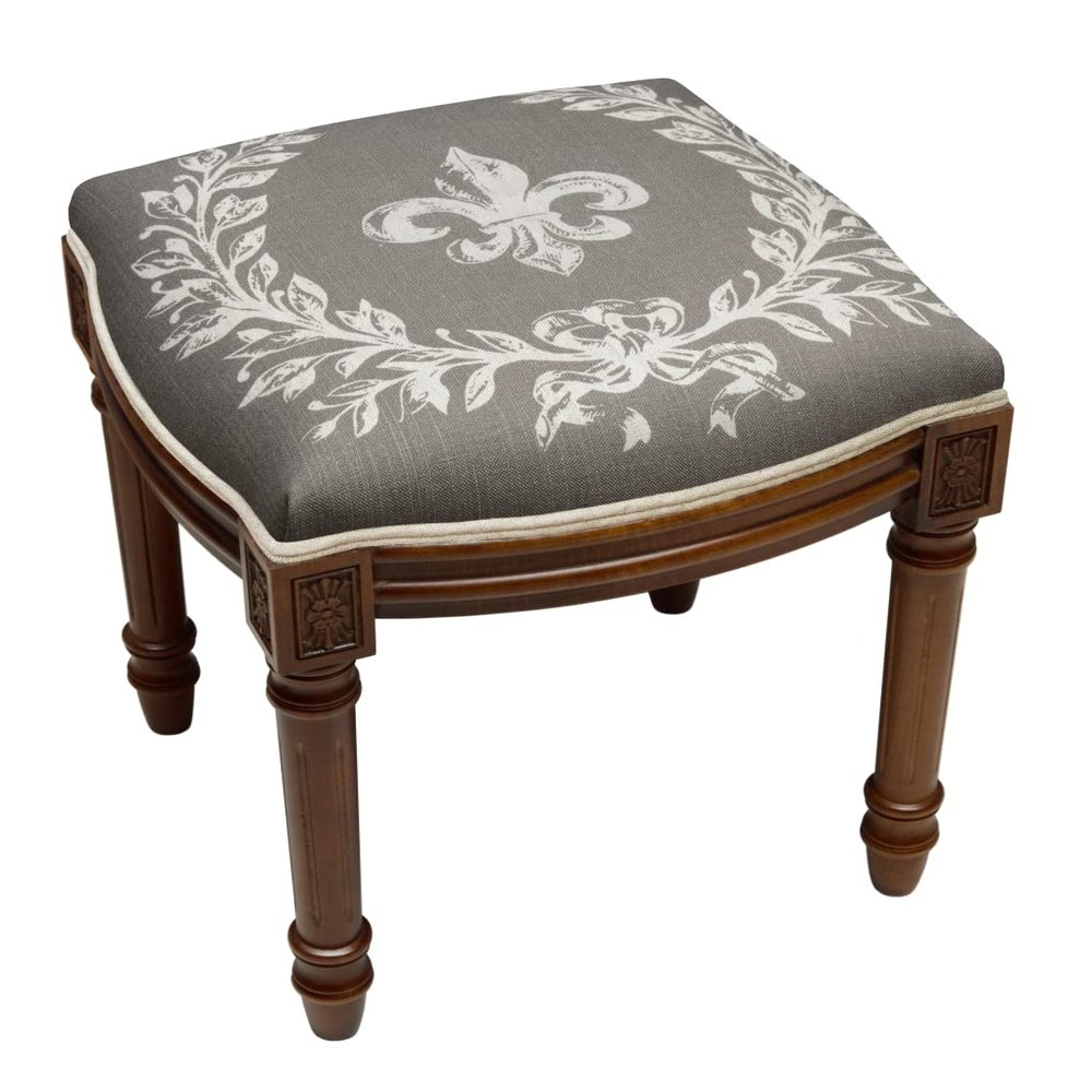 123 Creations FS048XXGY Grey Fleur De Lis Upholstered Wooden Vanity Stool Wood Stain