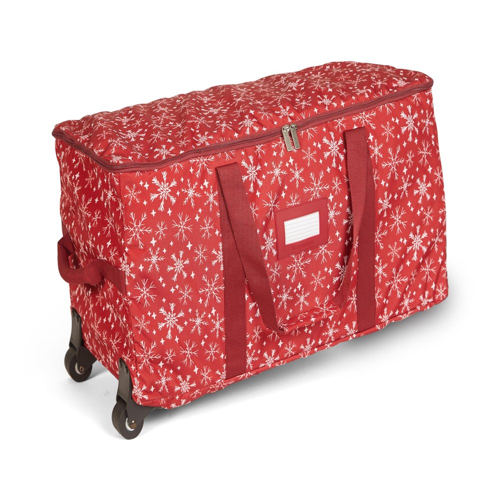 Covermates Keepsakes Rolling Treasurekeeper Storage Bag  Heavy-Duty Polyester with Dual Wheels & Handles  Protects Holiday Decorations with ID Window & Dual Zipper Access, Red Snowflake