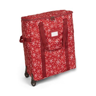 Covermates Keepsakes Rolling Treasurekeeper Storage Bag  Heavy-Duty Polyester with Dual Wheels & Handles  Protects Holiday Decorations with ID Window & Dual Zipper Access, Red Snowflake