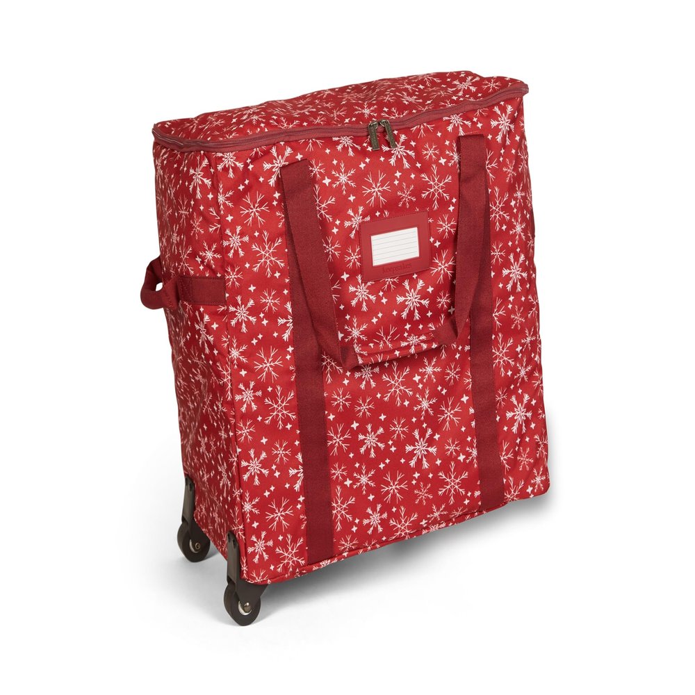 Covermates Keepsakes Rolling Treasurekeeper Storage Bag  Heavy-Duty Polyester with Dual Wheels & Handles  Protects Holiday Decorations with ID Window & Dual Zipper Access, Red Snowflake
