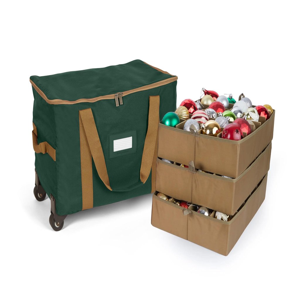 Covermates Keepsakes Rolling Adjustable Ornament Storage Bag  Heavy-Duty Polyester, FlexGrid Trays & Padded Dividers  Protective Holiday Organizer with Wheels, Handles & ID Window, Green