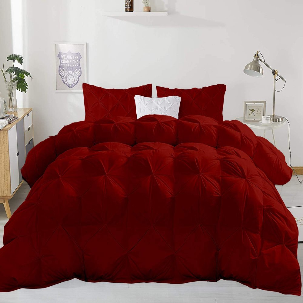 Wega Linen 5pcs Organic Cotton Pinch Pleated Full (90'' x 90'') Comforter with 4 Pillow 4 Corner Tabs Ultra Soft-Fluffy,Pin Tuck,Baffle Box Beautiful Pinch Pleat Design Warm Comforter Burgundy
