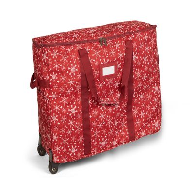 Covermates Keepsakes Rolling Treasurekeeper Storage Bag  Heavy-Duty Polyester with Dual Wheels & Handles  Protects Holiday Decorations with ID Window & Dual Zipper Access, Red Snowflake