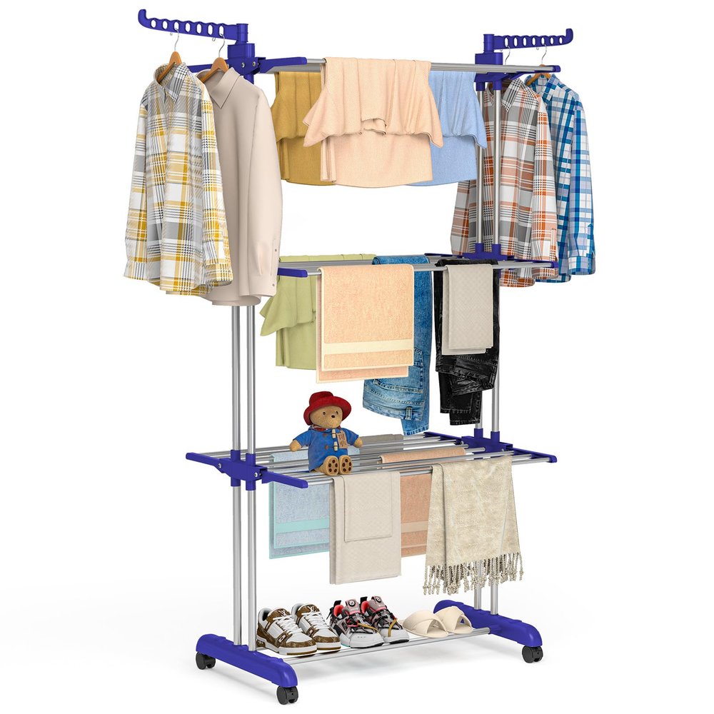 Bigzzia Clothes Drying Rack, Folding Stainless Steel Drying Rack Clothing Indoor Outdoor, Space-Saving, 4 Tier Laundry Drying Rack with Two Side Wings Grey Blue