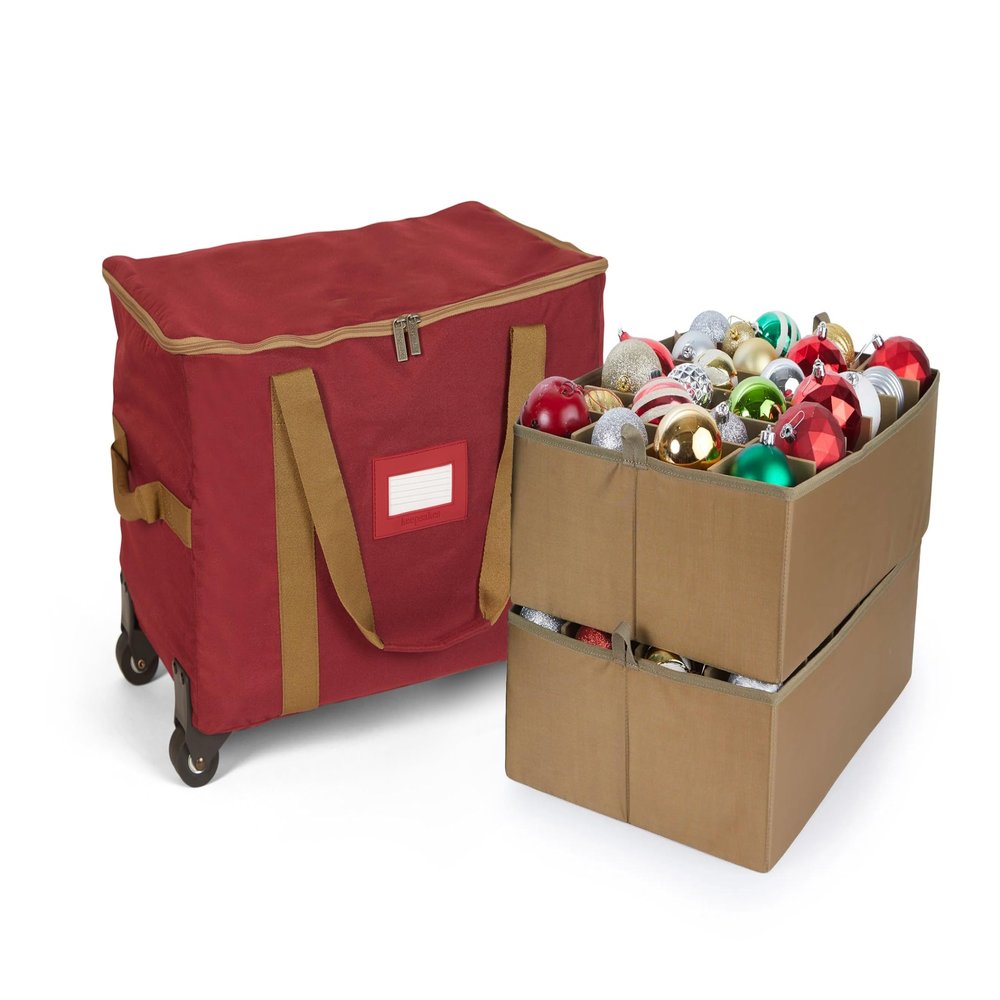 Covermates Keepsakes Rolling Adjustable Ornament Storage Bag  Heavy-Duty Polyester, FlexGrid Trays & Padded Dividers  Protective Holiday Organizer with Wheels, Handles & ID Window, Red