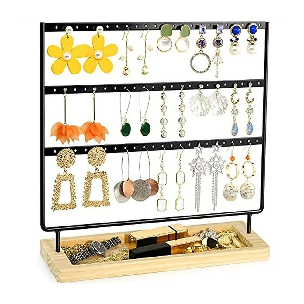 XIANGGUI 1983 Jewelry Towers Earrings Holder 3 Layers Jewelry Organizer Display Tree Metal Wooden Base Earring Rack for Hang Ear Studs Bracelets Necklace New Jewelry Boxes (Color : Black)