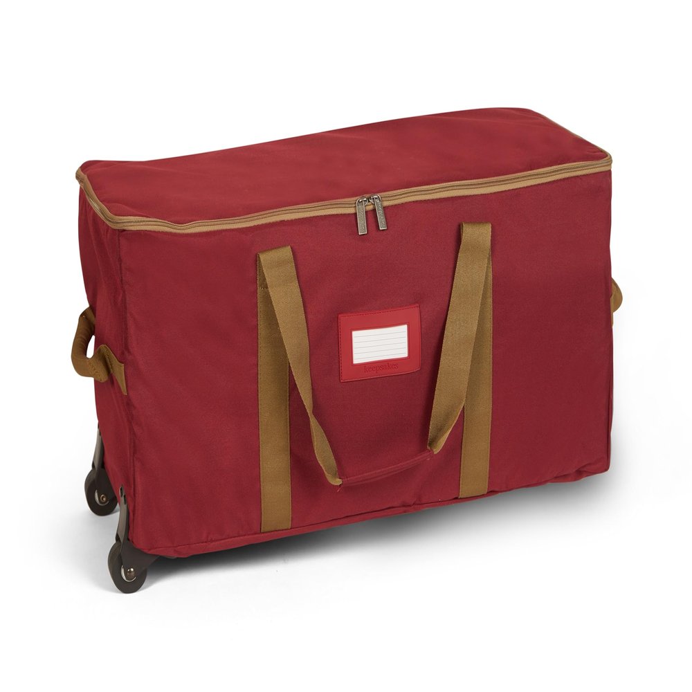 Covermates Keepsakes Rolling Treasurekeeper Storage Bag  Heavy-Duty Polyester with Dual Wheels & Handles  Protects Holiday Decorations with ID Window & Dual Zipper Access, Red