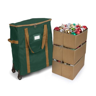 Covermates Keepsakes Rolling Adjustable Ornament Storage Bag  Heavy-Duty Polyester, FlexGrid Trays & Padded Dividers  Protective Holiday Organizer with Wheels, Handles & ID Window, Green