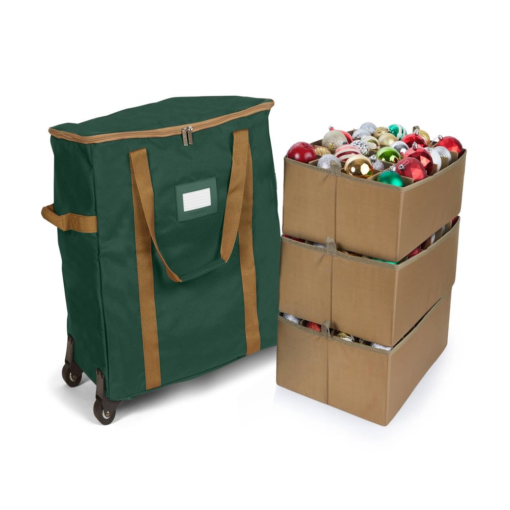 Covermates Keepsakes Rolling Adjustable Ornament Storage Bag  Heavy-Duty Polyester, FlexGrid Trays & Padded Dividers  Protective Holiday Organizer with Wheels, Handles & ID Window, Green