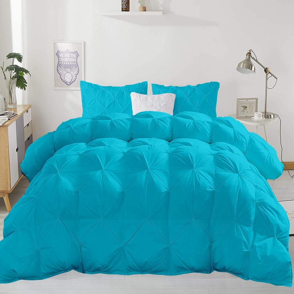 Wega Linen 5pcs Organic Cotton Pinch Pleated Queen (88'' x 92'') Comforter with 4 Pillow 4 Corner Tabs Ultra Soft-Fluffy,Pin Tuck,Baffle Box Beautiful Pinch Pleat Design Warm Comforter Turquoise