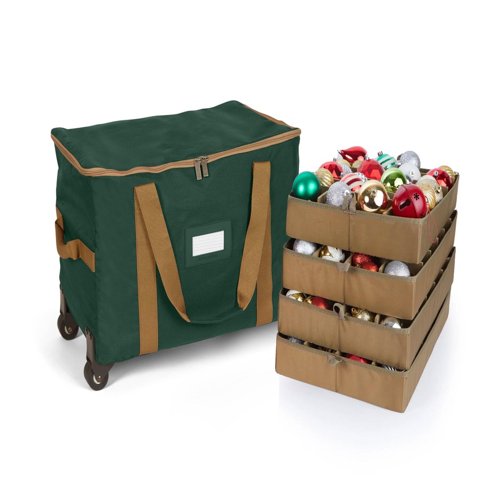 Covermates Keepsakes Rolling Adjustable Ornament Storage Bag  Heavy-Duty Polyester, FlexGrid Trays & Padded Dividers  Protective Holiday Organizer with Wheels, Handles & ID Window, Green