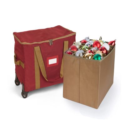 Covermates Keepsakes Rolling Adjustable Ornament Storage Bag  Heavy-Duty Polyester, FlexGrid Trays & Padded Dividers  Protective Holiday Organizer with Wheels, Handles & ID Window, Red