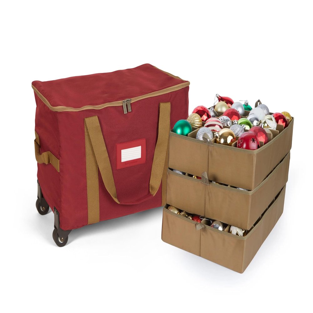 Covermates Keepsakes Rolling Adjustable Ornament Storage Bag  Heavy-Duty Polyester, FlexGrid Trays & Padded Dividers  Protective Holiday Organizer with Wheels, Handles & ID Window, Red