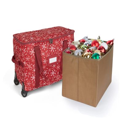 Covermates Keepsakes Rolling Adjustable Ornament Storage Bag  Heavy-Duty Polyester, FlexGrid Trays & Padded Dividers  Protective Holiday Organizer with Wheels, Handles & ID Window, Red Snowflake