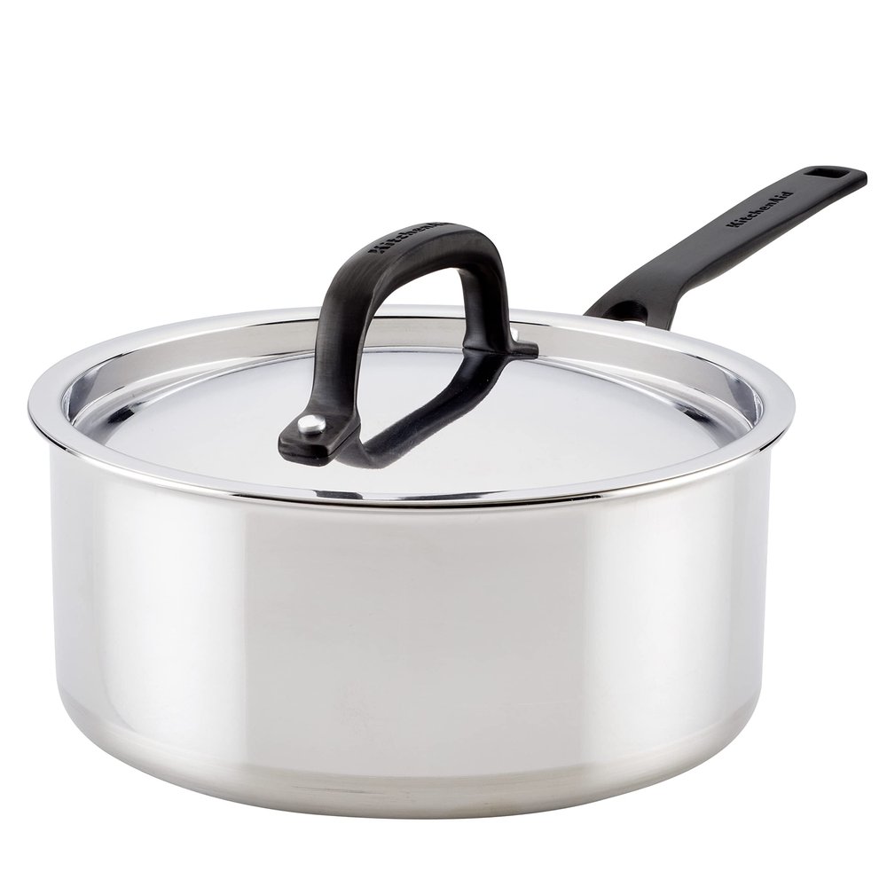 KitchenAid 30050 5-Ply Clad Polished Stainless Steel Saucepan with Lid, 3 Quart -Polished Stainless Steel
