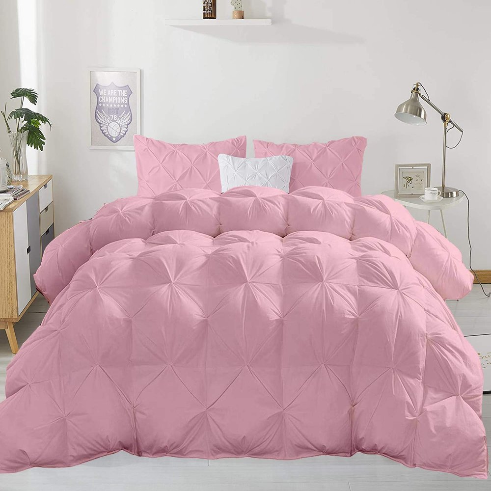 1pcs Organic Cotton Pinch Pleated Queen (88'' x 92'') Comforter 4 Corner Tabs Ultra Soft-Fluffy,Pin Tuck,Baffle Box Beautiful Pinch Pleat Design Warm Comforter Baby Pink