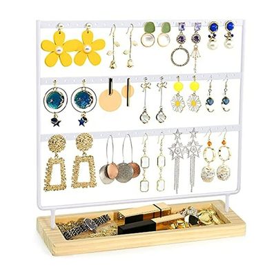 XIANGGUI 1983 Jewelry Towers Earrings Holder 3 Layers Jewelry Organizer Display Tree Metal Wooden Base Earring Rack for Hang Ear Studs Bracelets Necklace New Jewelry Boxes (Color : White)