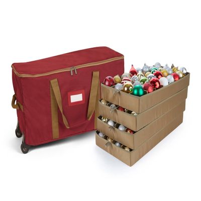 Covermates Keepsakes Rolling Adjustable Ornament Storage Bag  Heavy-Duty Polyester, FlexGrid Trays & Padded Dividers  Protective Holiday Organizer with Wheels, Handles & ID Window, Red