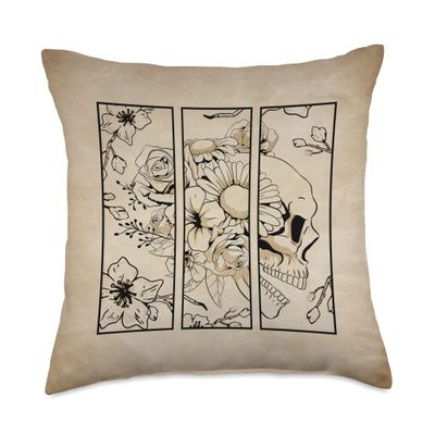 Dark Academia Aesthetic Soft Grunge Alt Indie Dark Academia Aesthetic Flower Skull Rose Floral Parchment Throw Pillow, 18x18, Multicolor