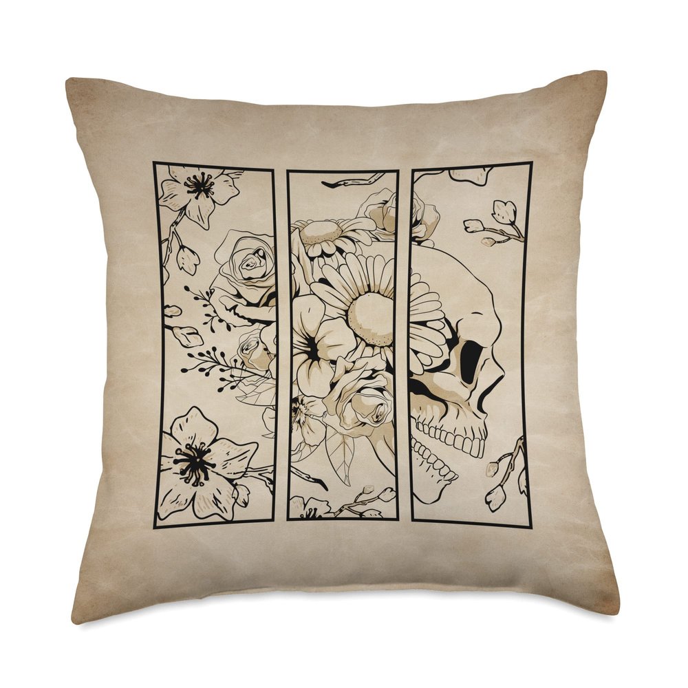 Dark Academia Aesthetic Soft Grunge Alt Indie Dark Academia Aesthetic Flower Skull Rose Floral Parchment Throw Pillow, 18x18, Multicolor
