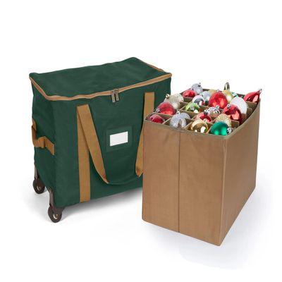 Covermates Keepsakes Rolling Adjustable Ornament Storage Bag  Heavy-Duty Polyester, FlexGrid Trays & Padded Dividers  Protective Holiday Organizer with Wheels, Handles & ID Window, Green