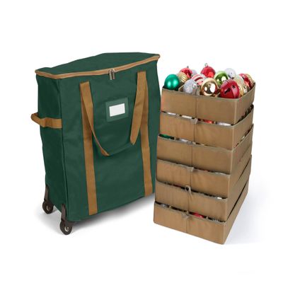 Covermates Keepsakes Rolling Adjustable Ornament Storage Bag  Heavy-Duty Polyester, FlexGrid Trays & Padded Dividers  Protective Holiday Organizer with Wheels, Handles & ID Window, Green