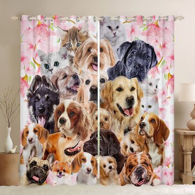 Dog and Cat Curtains Lover's Pet Toddler Window Curtains for Bedroom Living Room for Kids Boys Girls 3D Floral Animal Pink Window Drapes Lovely Pet Animal Decor Window Treatments 42W X 84L2 Panels