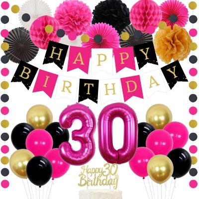 30th Birthday Decorations for Women Hot Pink and Black Gold Happy Birthday Bunting Banner Tissue Pom Poms Paper Fans Circle Dots Fantastic 30 Birthday Party Supplies