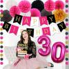 30th Birthday Decorations for Women Hot Pink and Black Gold Happy Birthday Bunting Banner Tissue Pom Poms Paper Fans Circle Dots Fantastic 30 Birthday Party Supplies view 3