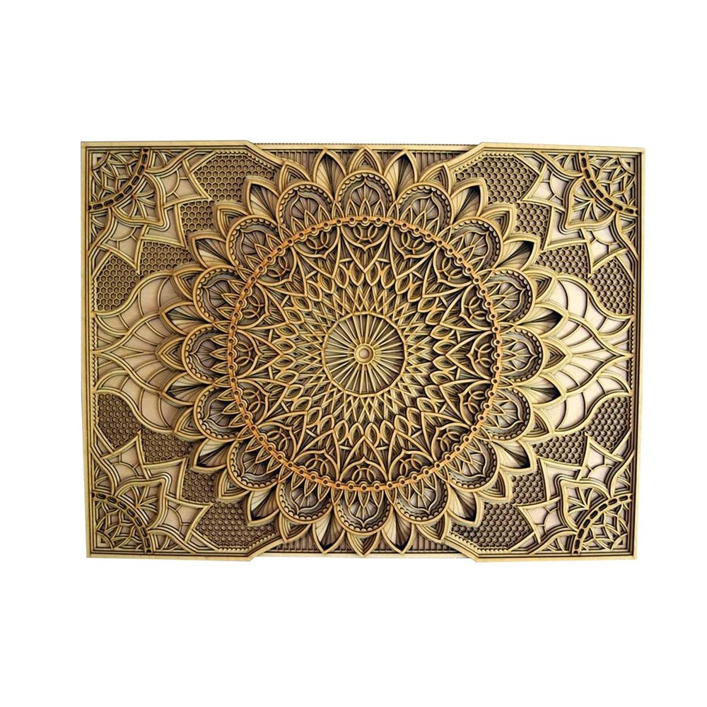 BHDecor Home Wall Decor  Multilayered Laser Cut Carved Elegant Wooden Mandala Hanging MDF Panels for Decoration - Rustic Contemporary Artwork 18.8 x 13.7 inch (48 x 35cm), Natural Wood