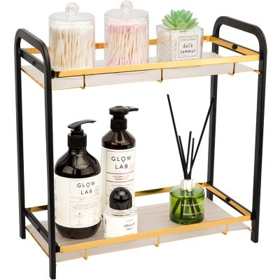 Hihotiner 2 Tier Bathroom Counter Organizer, Black Gold, Carbon Steel, Easy To Install, Sturdy And Durable