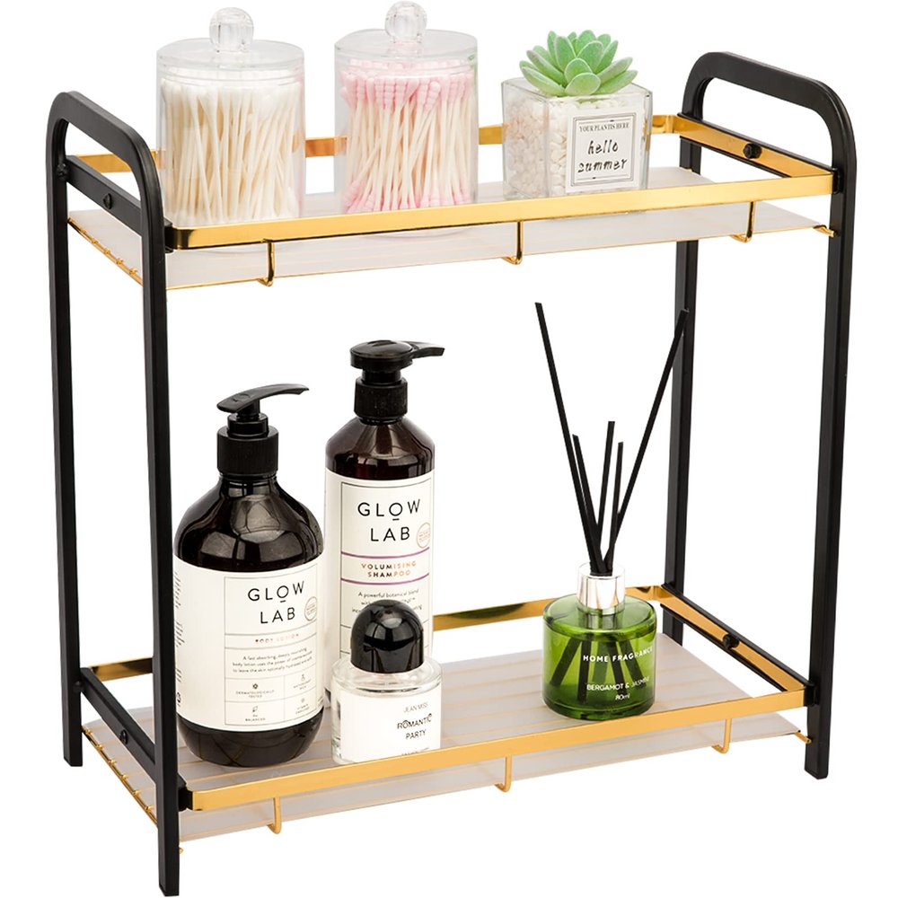 Hihotiner 2 Tier Bathroom Counter Organizer, Black Gold, Carbon Steel, Easy To Install, Sturdy And Durable