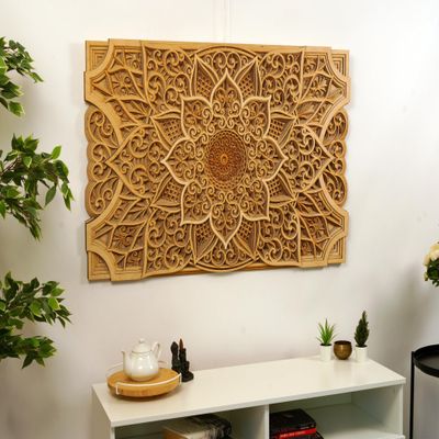 BHDecor Home Wall Decor  Multilayered Laser Cut Carved Elegant Wooden Mandala Hanging MDF Panels for Decoration - Rustic Contemporary Artwork 18.8 x 11.8 inch (48 x 30cm)