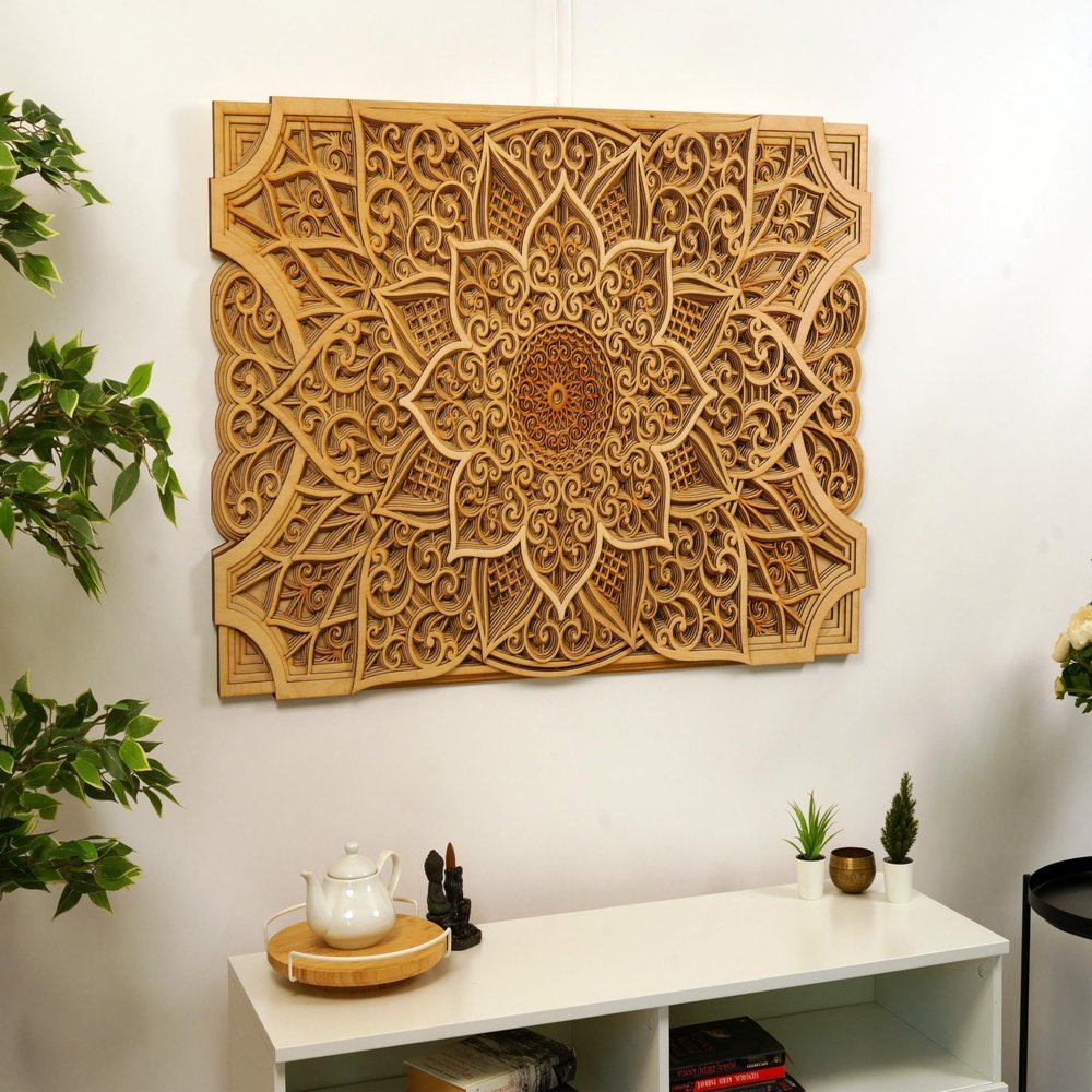 BHDecor Home Wall Decor Multilayered Laser Cut Carved Elegant Wooden Mandala Hanging MDF Panels for Decoration - Rustic Contemporary Artwork 18.8 x 11.8 inch (48 x 30cm)