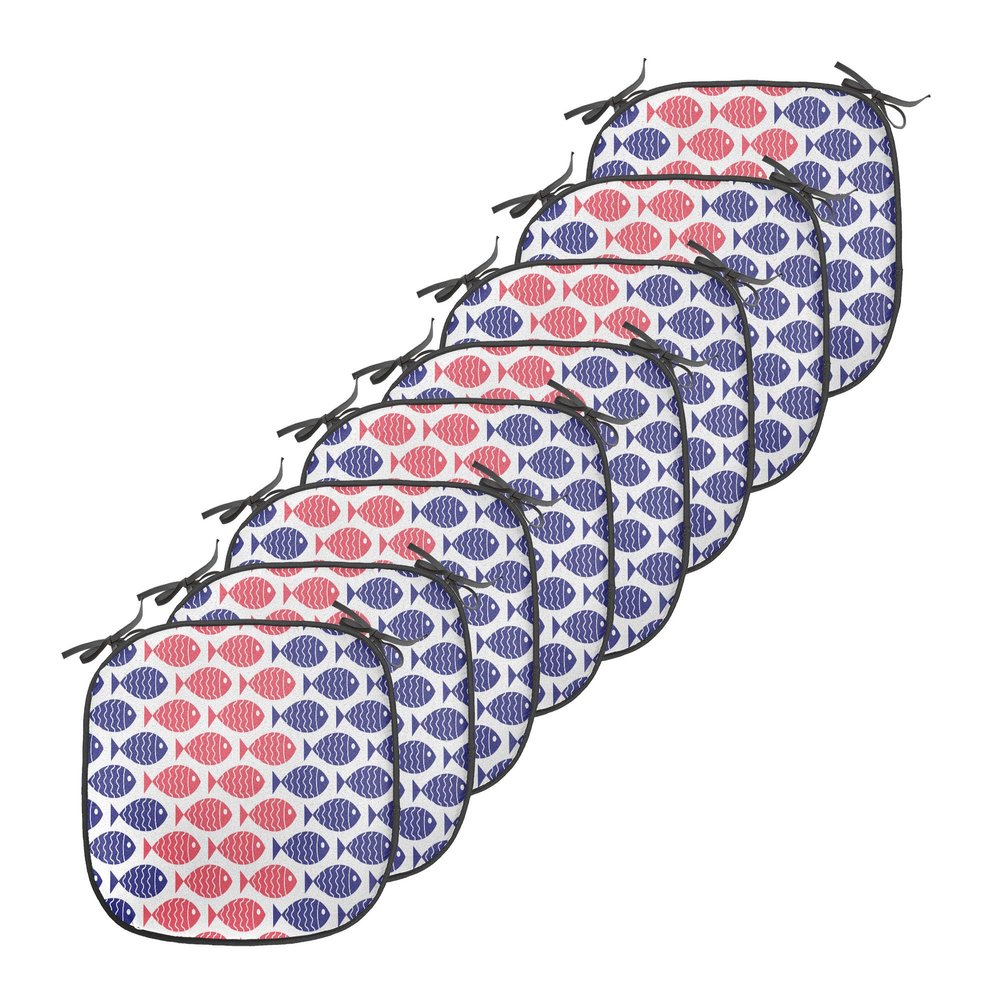 Ambesonne Fish Chair Seating Cushion Set of 8, Nautical Theme Design Illustration of Fish on White Background Art Print, Anti-Slip Seat Padding for Kitchen & Patio, 16"x16", Red and Navy Blue