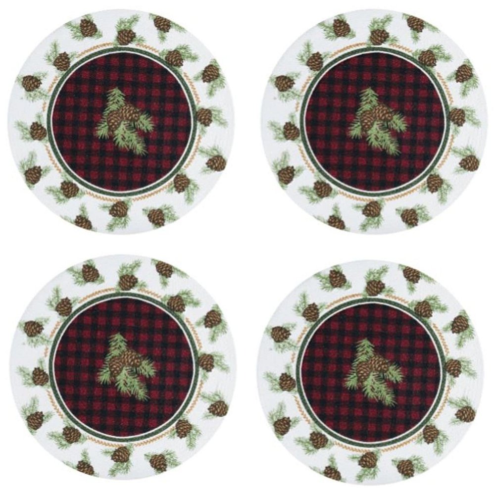 Woodland Plaid and Pinecones Round Braided Placemats Set of 4 Kitchen or Dining