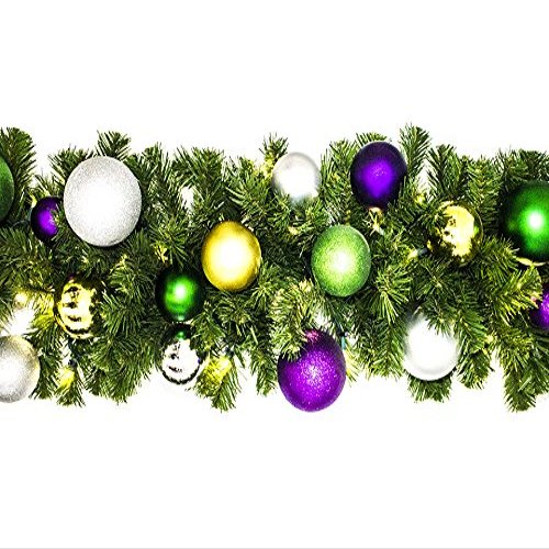 9' Blended Pine Garland Decorated with The Mardi Gras Ornament Collection Pre-Lit with Warm White LEDs