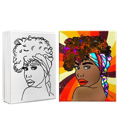 Indigo Art Studio Pre Drawn Canvas Painting for Adults Kids Couples | 4-40 PACK Discounted Bundle | DIY Birthday Gift & Sip and Paint With Twist Party Favor Canvas Only, Afro Queen #7 (8x10 Inches)