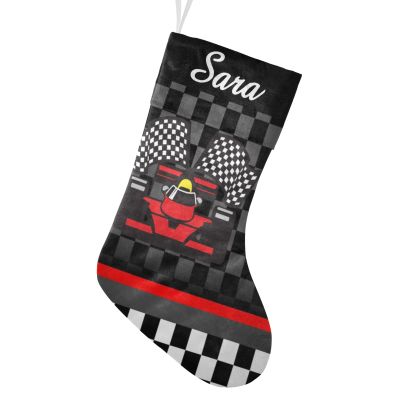 CUXWEOT Personalized Racing Flag Black White Grid Christmas Stocking Customize Name Decor for Xmas Tree Fireplace Hanging Party 17.52 x 7.87 Inch
