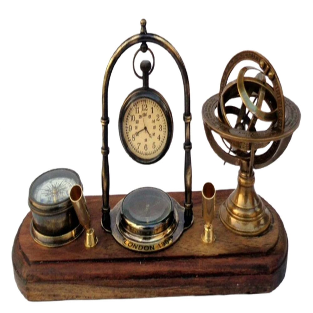 Antique Brass Table Top Clock With Pen Holder Compass Armillary Sphere Globe Clock Desk Top Wooden Base Fathers Day Gift, Mothers Day Gift Home/Office Decor By MSON.