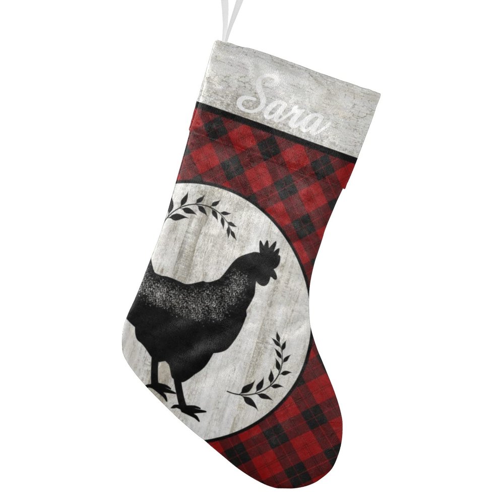 CUXWEOT Personalized Christmas Chicken Lattice Christmas Stockings Customize Name Candy Bag for Family Holiday Party Decorations Gift 17.52 x 7.87 Inch
