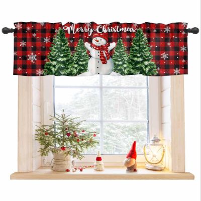 Singingin Christmas Snowman Valances for Windows Merry Xmas Tree Red Plaid Rod Pocket Short Window Valance Curtains Holiday Home Decor Treatment Kitchen Living Room Bedroom 54x18in
