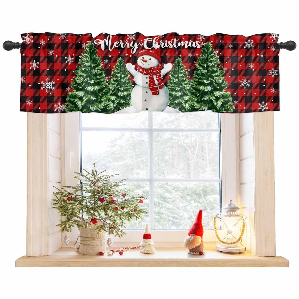 Singingin Christmas Snowman Valances for Windows Merry Xmas Tree Red Plaid Rod Pocket Short Window Valance Curtains Holiday Home Decor Treatment Kitchen Living Room Bedroom 54x18in