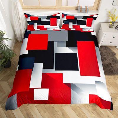 Castle Fairy 3D Geometric Duvet Cover Set Twin Size,Red Black Grey Abstract Square Comforter Cover for Kids Boys Bedroom Xmas Gift,Colorful Plaid Print Bedding Set with 1 Pillowcase Bedspread, Soft