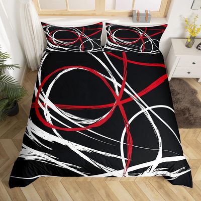 Abstract Spiral Stripes Bedding Set Twin Size,Modern Red Black White Duvet Cover with 1 Pillow Sham Comforter Cover for Kids Boys,Geometric Circle Quilt Cover 2 Pcs, No Comforter