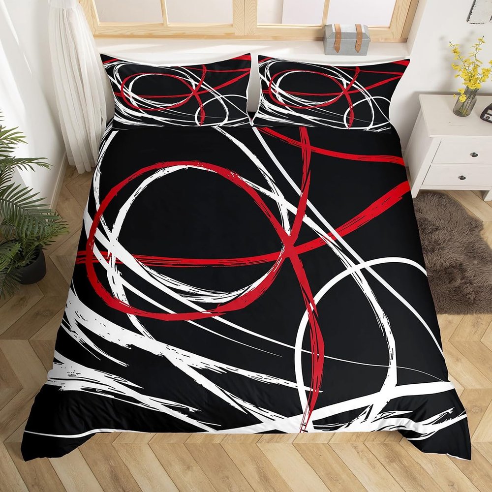 Abstract Spiral Stripes Bedding Set Twin Size,Modern Red Black White Duvet Cover with 1 Pillow Sham Comforter Cover for Kids Boys,Geometric Circle Quilt Cover 2 Pcs, No Comforter