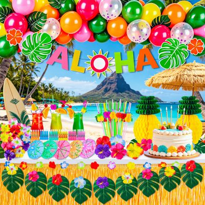 200 Pcs Aloha Luau Party Decorations Set, Hawaiian Tropical Summer Beach Party Supplies with Balloons Banner Grass Table Skirt Umbrellas Honeycomb Centerpiece Hibiscus Palm Leaves